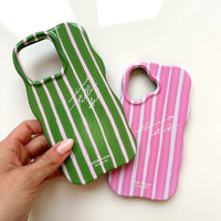 GREEN + PINK STRIPE Personalised Wavy iPhone Case