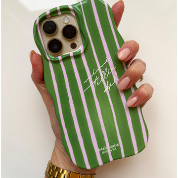 Green and pink striped personalised phone case.